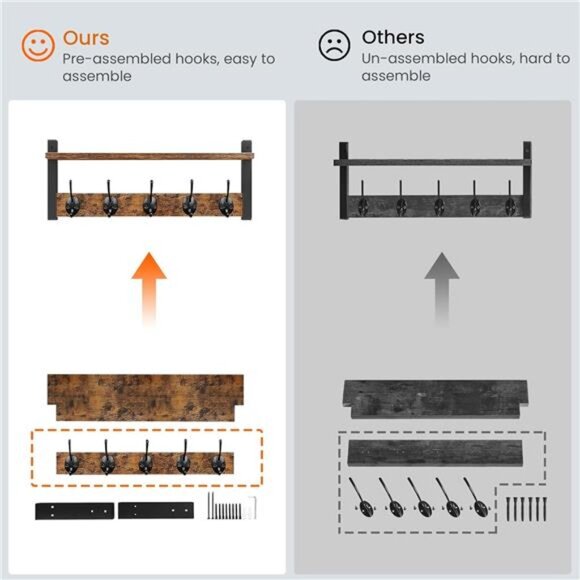 Wall Hooks with Shelf, Wood Coat Rack with Shelf Wall-Mounted, Entryway Hanging - Picture 6 of 7